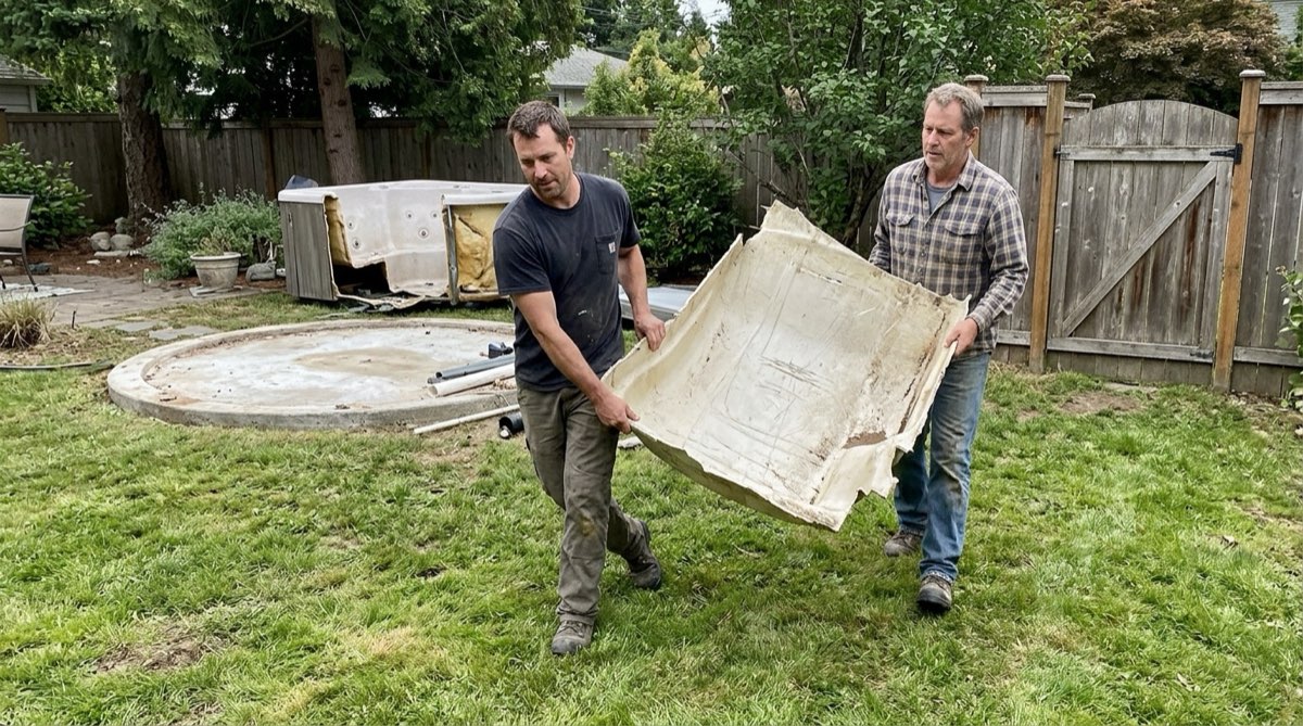 Hauling out an old hot tub in sections